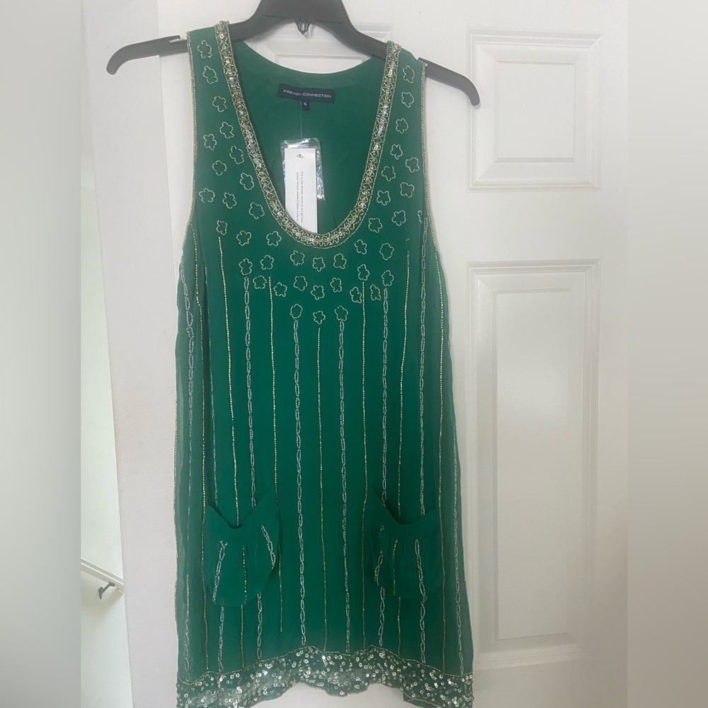 French Connection Green Dress with Gold Embroidery